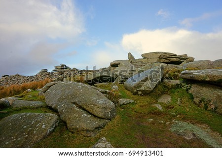 Twilight over Stowe's Pound in winter, Bodmin Moor, Cornwall, United Kingdom. The main summit is surrounded by the ruins of a wall which may have been built in Neolithic times.