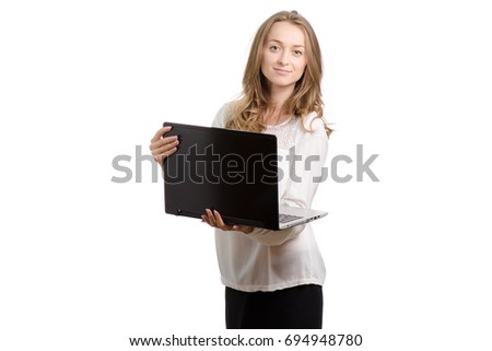 Beautiful girl with a laptop on a white background isolated