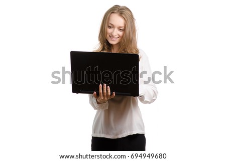 Beautiful girl with a laptop on a white background isolated