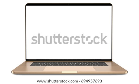 Gold laptop with blank screen isolated on white background, white aluminium body.Whole in focus. 3d illustration.