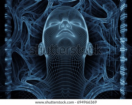 Radiating Mind series. 3D rendering abstraction composed of wire-mesh model of human head and fractal pattern on the subject of human mind, artificial intelligence and virtual reality