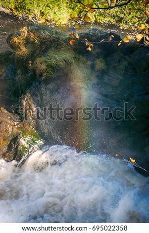 Spray of waterfall to form rainbows
