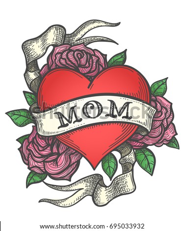 Heart with rose flowers and ribbon with wording MOM. Retro tattoo vector illustration Royalty-Free Stock Photo #695033932