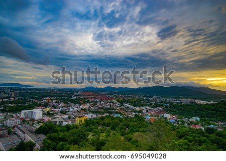 Phuket, Thailand - August 11, 2017- This is a panoramic view on the mountain viewpoint?See the city and the sea in the distance. Beautiful evening sky It is a great place to take pictures and relax.