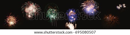 City: A Set of Variety of Firework Design on Independence Day on Hudson River, New Jersey on Black Background