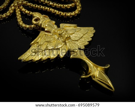 Gold Necklace - Wings and Skull - Stainless Steel - One color background