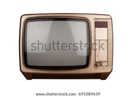 front view of old home TV set receiver isolated on white background with blank screen