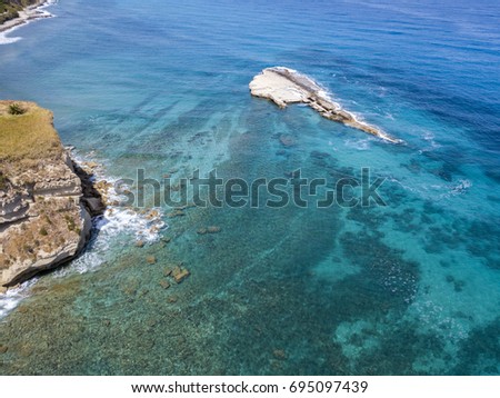 Aerial view of Sant'Irene Bay in Briatico, Calabria, Italy. Galera Rock