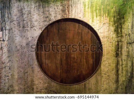 Wooden barrels on the grunge wall, with rum written. wallpaper
