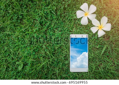 White Smart phone on grass with plumeria flowers, Technology and Nature