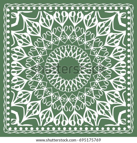 Design of a Scarf with a Geometric Flower Pattern of Mandala. Vector illustration. Green color. For Print Bandana, Shawl, Carpet