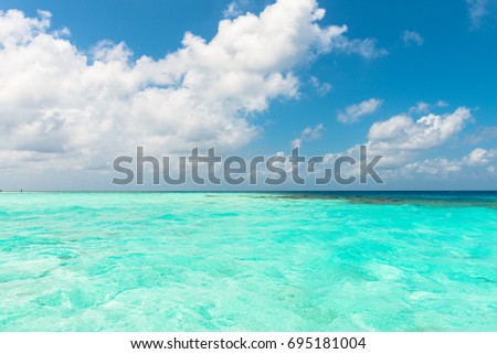 Vertical picture from the boat of sunny day with turquoise water at Maafushi in Maldives.