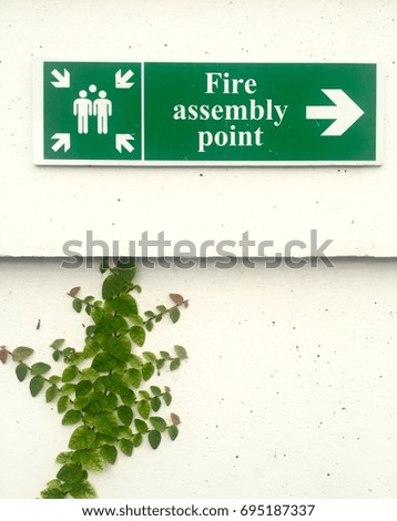 Fire assembly point signage and green leaves plants on white wall