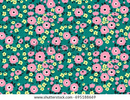 Simple cute pattern in small pink and yellow flowers on dark green background. Liberty style. Ditsy print. Floral seamless background. The elegant the template for fashion prints.