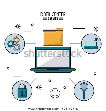 colorful poster of data center service with laptop computer and icons around