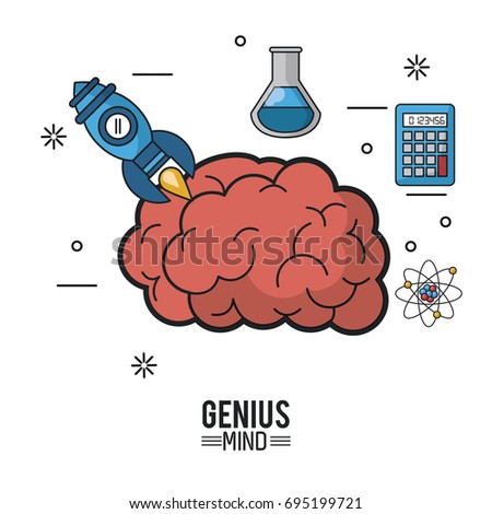 colorful poster of genius mind with brain and icons of test tube and atom and calculator and rocket