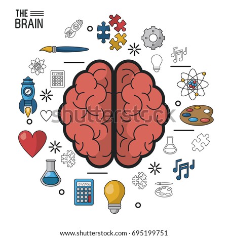 colorful poster the brain in top view of its two hemispheres and icons around