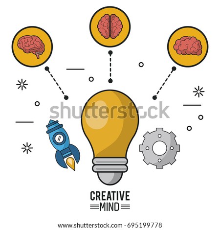 colorful poster of creative mind with the light bulb in closeup and brains in circles and icons of rocket and pinion