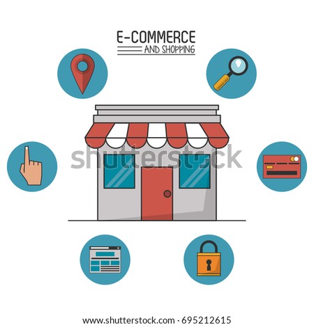 colorful poster of e-commerce and shopping with store in closeup and commerce icons in spheres around