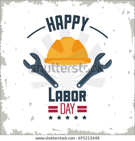 colorful poster of happy labor day with protective helmet and spanner tool