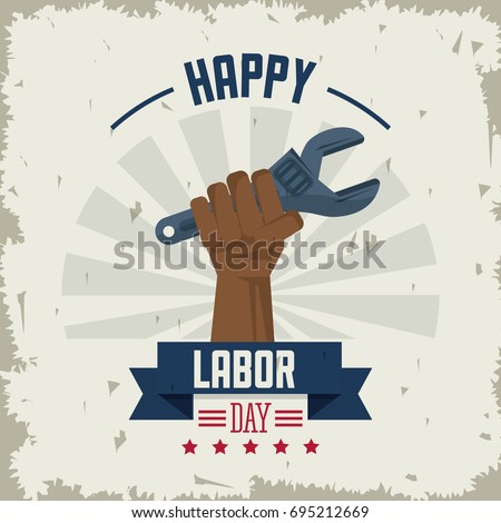 colorful poster of happy labor day with afro american hand holding spanner