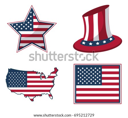 white background with united states flag in shape of star and hat and map