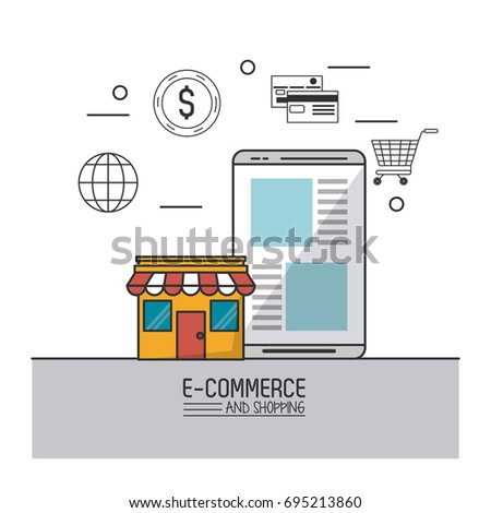colorful poster of e-commerce and shopping with store and smartphone with monochrome commerce icons on top