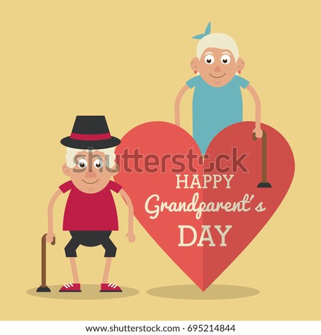 light yellow color card and heart background with text happy grandparents day with elderly couple with walking sticks