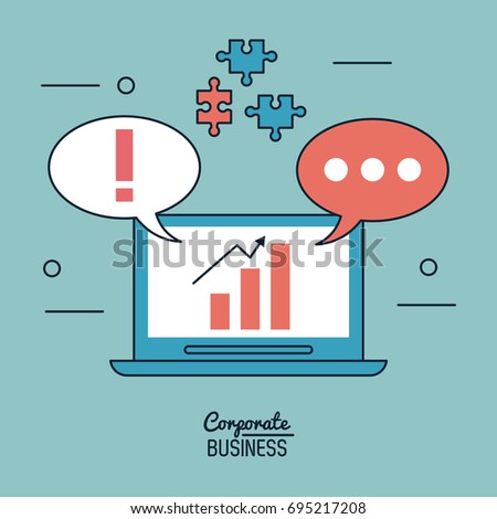 colorful background poster of corporate business with laptop computer and dialogue bubbles and puzzle pieces