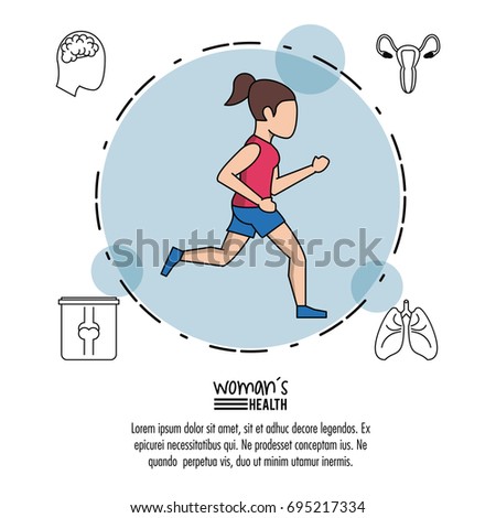 white background of poster woman health with woman running in blue circle with icons around