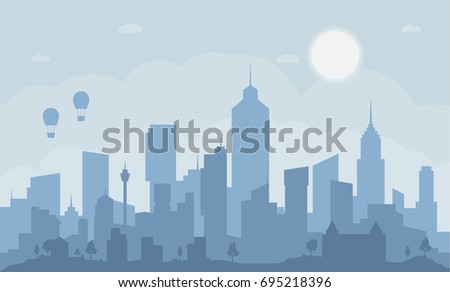 Vector city scape and sky with sun could and balloon in blue color.
 Royalty-Free Stock Photo #695218396