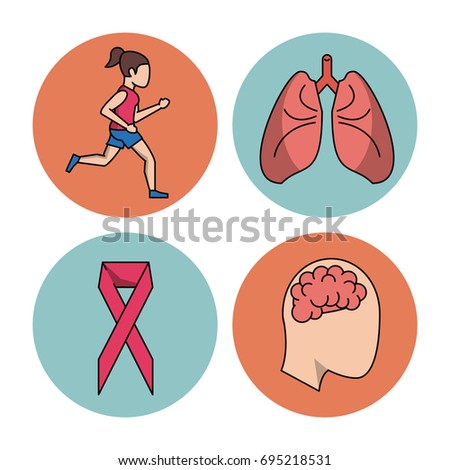 white background with circular frames of woman running and lungs and brain and pink ribbon breast cancer