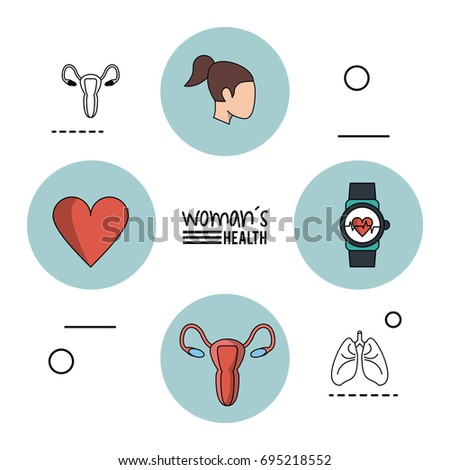 white background infographic woman health with blue circular frames with woman head and heart and female reproductive system and clock pulse monitor