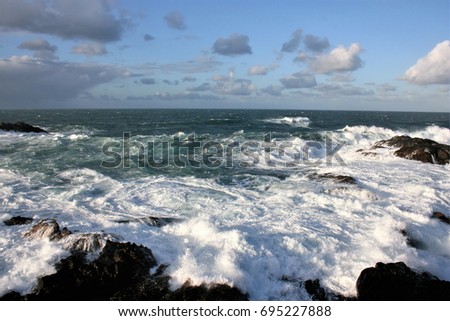 clear sky after the storm on the coast of Galicia, design for advertising, space for promotional text,