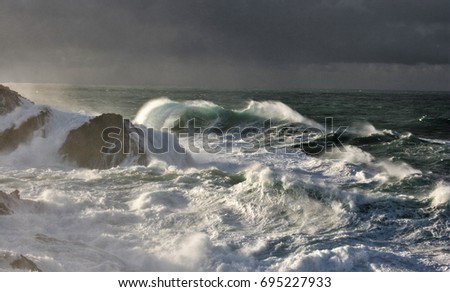 seascape with waves in Atlantic ocean, Meirás, A coruna, Galicia, Spain