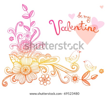 Doodle Flowers for Valentine day on Lined Paper , Vector Illustration. May be used as greeting card