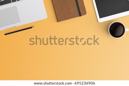 Modern workspace with laptop, coffee cup, notebook and smartphone copy space on color background. Top view. Flat lay style.