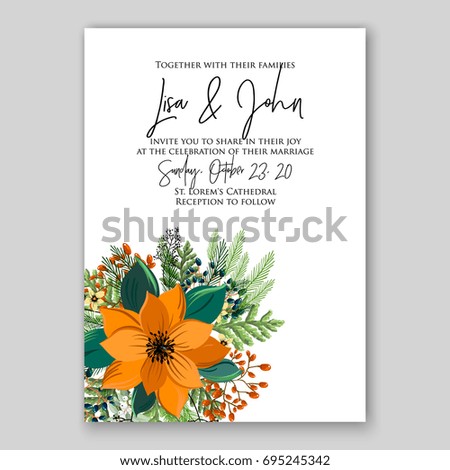 Poinsettia wedding invitation template for winter floral wreath marriage party 