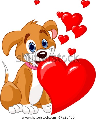 Cute puppy holding a red heart in her mouth. Add your own text.