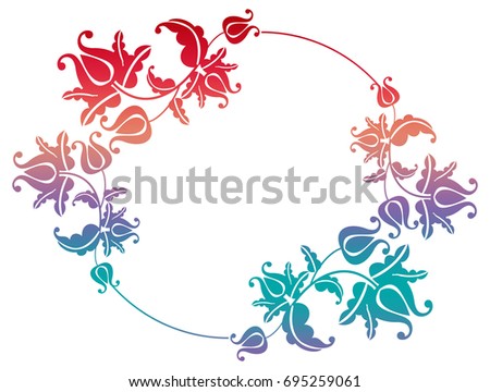 Gradient round frame with flowers. Copy space. Design element for your artwork. Raster clip art.