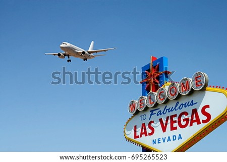 Welcome to Fabulous Las Vegas Sign with Arriving Airplane