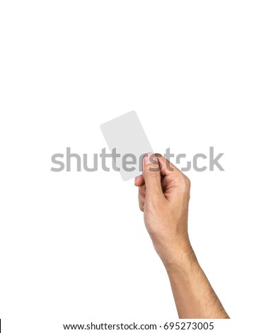 Name card empty holding by hand isolated on white background Royalty-Free Stock Photo #695273005