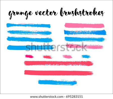 Set of vector brush strokes, pink, blue hand painted ink lines. Textured rough acrylic stickers, grungy creative stains or shapes. Abstract vector watercolor splatter, modern drawing, freehand smears.