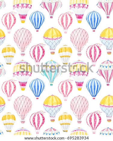 Watercolor pattern cute balloon, balloon with basket.  aerostat