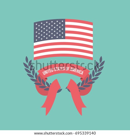 blue light background of colorful flag united states of america and arch of leaves with label tape vector illustration