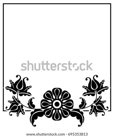 Black and white silhouette  square frame with decorative flowers. Raster clip art.