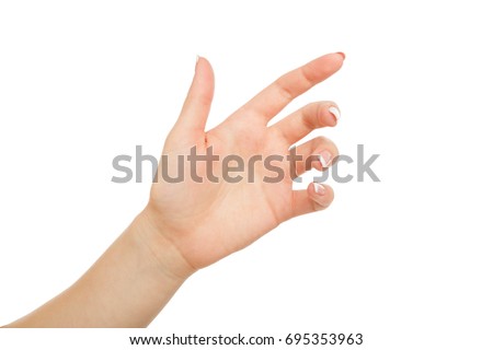 Female hand holding card, phone or other, close-up, cutout, isolated on white background.