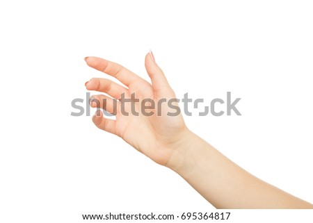 Woman's hand holding card, phone or other, close-up, cutout, isolated on white background.