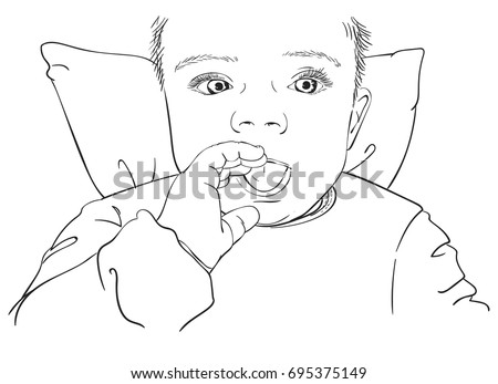 Sketch of laying on pillow baby portrait with hand touching mouth, Hand drawn line art vector illustration isolated on white background