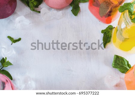 Copy space with fresh fruit drinks around. Recipes, inscription for web sites, cafe and restaurant menu, background, close up picture